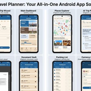 Può includere: Una raccolta di schermate di smartphone che mostrano il codice sorgente dell'app Android Nomad Travel Planner. Le funzioni includono schermata iniziale, assistente di viaggio, dashboard, mappa, pianificatore IA, tracker spese e convertitore valuta.
