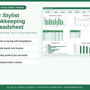 Hair Stylist Bookkeeping Spreadsheet | Excel & Google Sheets Template | Booth Rent Tracker, Tips Log, Income, Expenses and Tax Set-Aside