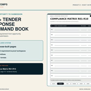 May include: A digital bid and tender response command book template featuring 120 pages. The layout includes a compliance matrix for requirements R01 through R10, with buttons to extract data, and sections for workflows, device formats, and workspaces.