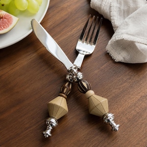 Handmade Knife Fork Spoon Set, Wooden Beaded Flatware Set, Artisan Stainless Steel Cutlery, Unique Tableware, Housewarming Hostess Gift