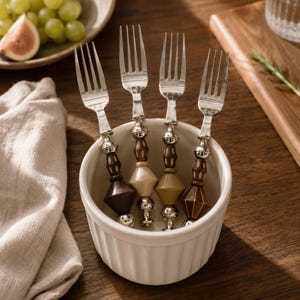 Wood Handle Appetizer Fork, Decorative Beaded Fork, Stainless Steel Serving Fork, Unique Tableware, Charcuterie Utensil, Hostess Gift