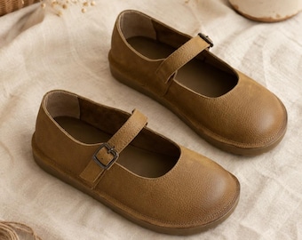 Khaki Leather Mary Jane Flats, Round Toe Cowhide Shoes for Women, Flexible Buckle Strap