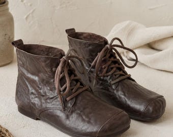 Bottines marron à bout carré, chaussures à lacets pour femmes en cuir de mouton souple à petit talon