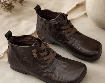 Brown Soft Leather Ankle Boots for Women, Flat Soft Sole Lace Up Boots, Crinkled Genuine Leather Booties, Minimalist Walking Shoes