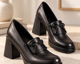 Women Leather Heeled Loafers, British Style Black Leather Shoes, Soft Cowhide Block Heel Pumps, Office Work Shoes, Elegant Vintage Style
