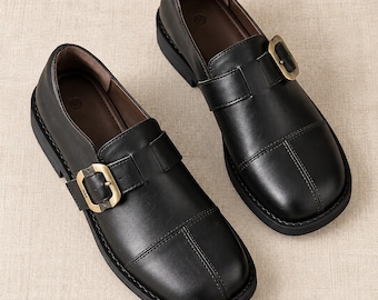 Black Leather Buckle Loafers for Women, Monk Strap Square Toe Shoes, Cowhide Slip On Flats, Lambskin Lined Office Travel Shoes