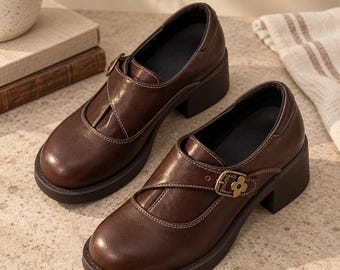 Brown Cowhide Leather Mary Janes, British Style Chunky Heel Work Shoes with Floral Buckle