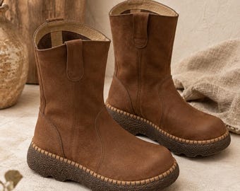 Brown Leather Mid Calf Boots for Women – Round Toe, Chunky Sole, Pull On