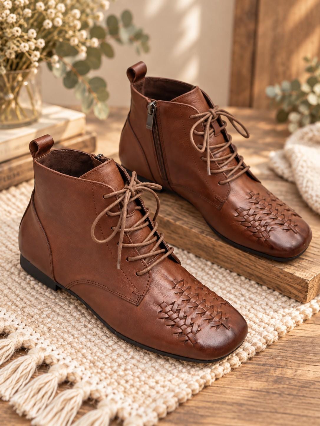 Brown Leather Square Toe Boots