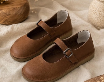 Brown Soft Leather Mary Jane Flats, Top Grain Cowhide Round Toe Buckle Shoes