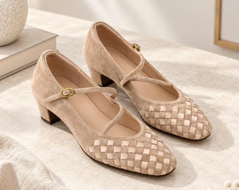 Zapatos Mary Jane de piel trenzada, tacones de bloque de piel de oveja de inspiración vintage, zapatos de salón con tiras cruzadas, zapatos de vestir para mujer para el trabajo y los viajes.
