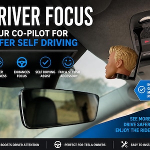 May include: A car accessory featuring a blonde male doll head mounted on a black arm attached to the vehicle ceiling. Text includes DRIVER FOCUS, YOUR CO-PILOT FOR SAFER SELF DRIVING, DRIVER AWARENESS, ENHANCES FOCUS, SELF DRIVING ASSIST, FUN & STYLISH ACCESSORY, INCLUDES GUIDED MOUNTING PLATE, SEE MORE. DRIVE SAFER. ENJOY THE RIDE., BOOSTS DRIVER ATTENTION, PERFECT FOR TESLA OWNERS, EASY TO INSTALL.