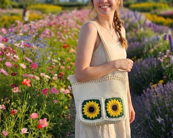 Sac cabas tournesol crocheté à la main, poches carrées style grand-mère, sac de marché bohème