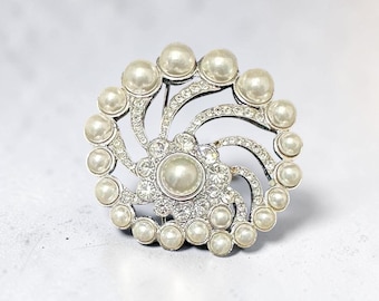 Silver Tone Swirl Faux Pearl and Rhinestone Brooch