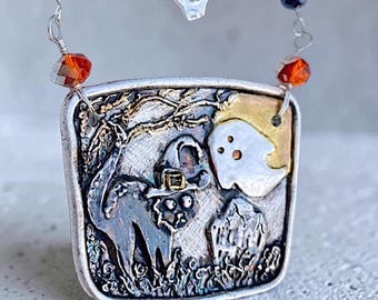 Silver & Gold Cat and Ghost Boo Pendant