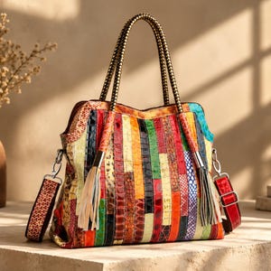 Op de afbeelding: Een veelkleurige handtas met een patchworkontwerp van verticale stroken met diverse dierenprinttexturen. De tas is voorzien van twee gevlochten handvatten, twee hangende kwastjes met zilverkleurige details en een afneembare schouderriem.