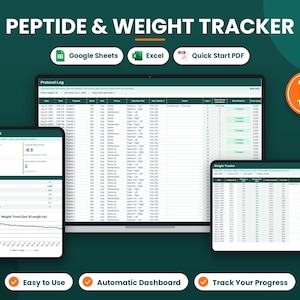 Könnte beinhalten: Eine digitale Vorlage zur Verfolgung von Peptiden und Gewicht mit Dashboard, Protokoll-Log und Gewichts-Tracker. Die Oberfläche umfasst 14 Registerkarten, kompatibel mit Google Sheets und Excel, inklusive Quick Start PDF. Text: PEPTIDE & WEIGHT TRACKER, 14 TABS, EASY TO USE, AUTOMATIC DASHBOARD, TRACK YOUR PROGRESS.