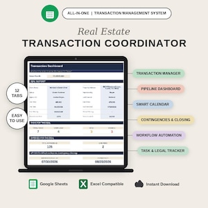 May include: A digital real estate transaction coordinator dashboard displayed on a screen. The interface includes sections for deal snapshot, tasks, expenses, and key dates. Labels highlight features like transaction manager, pipeline dashboard, smart calendar, contingencies, workflow automation, and task tracker. It is compatible with Google Sheets and Excel.
