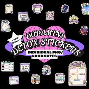 Puede incluir: Una colección de pegatinas digitales con un gráfico de corazón rosa grande con el texto Dopamine Detox Stickers, Individual PNG/Goodnotes y +400 Stickers. El conjunto incluye varios iconos como relojes, listas de bloqueo y plantillas.