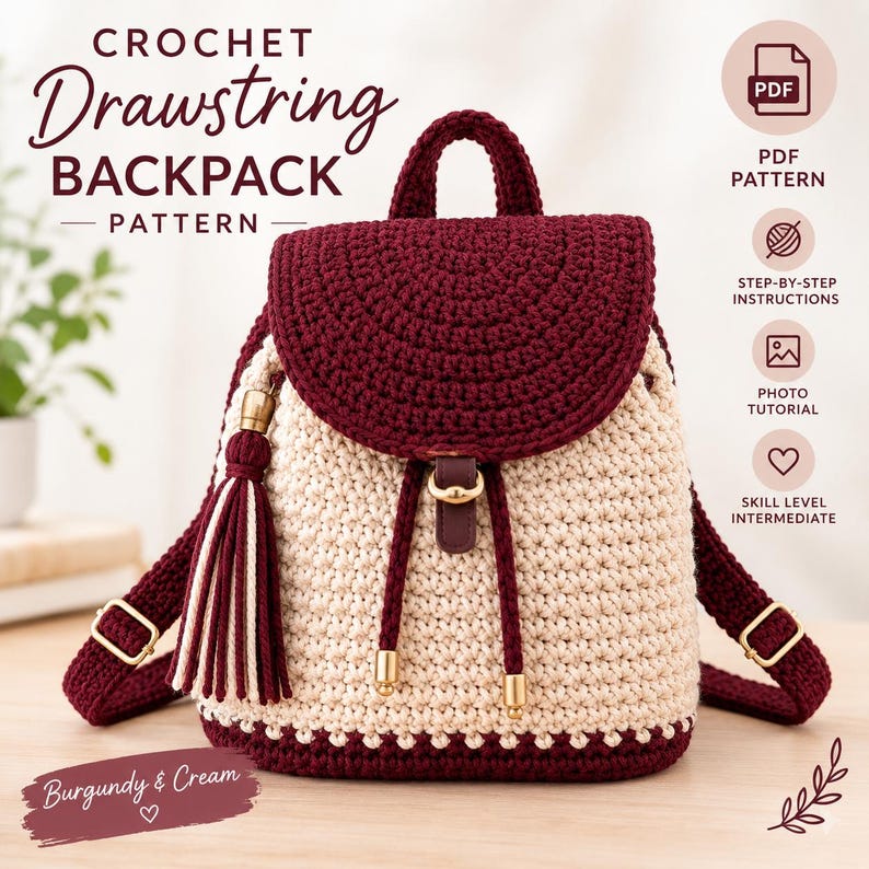 Crochet Drawstring Backpack Pattern, Flap Rucksack Bag PDF, Crochet Backpack Tutorial, Shoulder Strap Bag Pattern