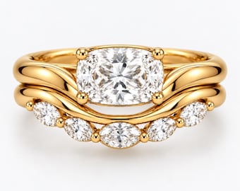 Conjunto de anéis curvos em ouro maciço 14K, anel de noivado com diamante cultivado em laboratório com lapidação almofada alongada, aro curvo em formato marquise, anel solitário com design horizontal.