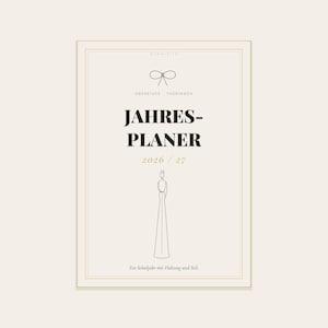 May include: A cream-colored planner cover featuring the text JAHRES-PLANER 2026 / 27, a line drawing of a bow, a minimalist figure in a long dress, and the text OBERSTUFE THÜRINGEN and Ein Schuljahr mit Haltung und Stil, framed by thin lines.