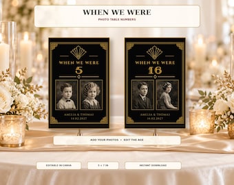 When We Were Table Numbers, Black and Gold Photo Table Numbers Wedding, Art Deco Editable Canva Template, wedding must haves
