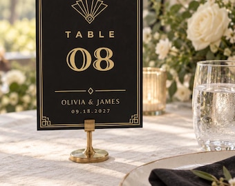 Art Deco Wedding Table Numbers template, Black Gold Geometric Design (Editable Template)