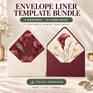 May include: Envelope liner template bundle featuring 24 editable Canva templates in 2 designs and 12 sizes each. One cream envelope displays a dark red calla lily pattern, while a dark red envelope shows a cream calla lily floral design.