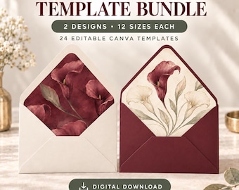 Burgundy  Calla Lily Envelope Liner Template, Editable Canva Wedding envelope liners,A7 Euroflap included, 12 Sizes, Instant Download