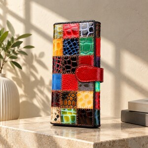 Women’s Leather Patchwork Wallet, Long Trifold Phone Case, Colorful Embroidered Cowhide Clutch