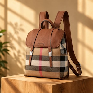 Plaid Leather Backpack for Women, Brown Cowhide Travel Rucksack, Casual Everyday Shoulder Bag