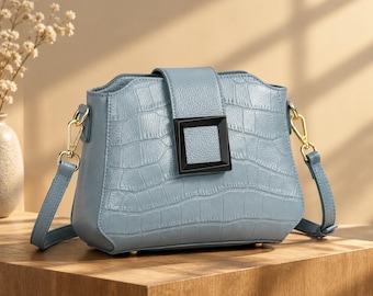 Genuine Leather Crossbody Bag for Women, Croc Embossed Shoulder Purse, Small Top Handle Satchel in Mist Blue