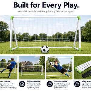 Puede incluir: Una portería de fútbol blanca con conectores de esquina verdes y una red blanca, acompañada de un balón de fútbol blanco y negro. El conjunto incluye un marco plegable y una bolsa de transporte negra, con el texto Built for Every Play, Built to Last, Play Anywhere, All Skill Levels y Easy to Move.
