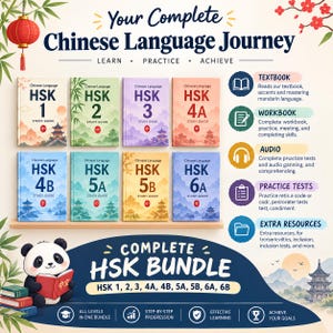 May include: A complete HSK Chinese language study bundle featuring eight colorful textbooks labeled HSK 1 through 6A, a cartoon panda reading a book, and a list of learning resources including textbooks, workbooks, audio, practice tests, and extra materials.