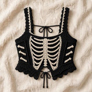 Op de afbeelding: Een zwarte gehaakte crop top met een crèmekleurig ribbenkastontwerp op de voorzijde. Het kledingstuk heeft brede schouderbanden, een geschulpte zoom en zwarte striksluitingen in het midden van de halslijn en aan de onderkant voor pasvorm.