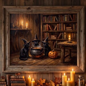 Black Cats Witch Hats Halloween Wall Art | Cauldron Pumpkin Cat Painting Print | Cozy Witchy Library Poster | Halloween Home Decor