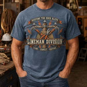 Puede incluir: Una camiseta azul con un gráfico de un poste eléctrico con herramientas cruzadas, cuerda y aisladores. El texto dice "KEEPING THE GRID ALIVE", "LINEMAN DIVISION" y "CLIMB • CONNECT • RESTORE" en un diseño de pancarta y emblema.