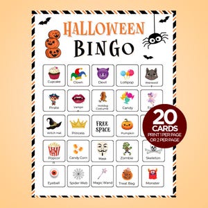 Può includere: Una scheda di gioco Halloween Bingo con un bordo a strisce nere, arancioni e bianche. Il titolo recita Halloween Bingo con illustrazioni di zucche, un ragno e pipistrelli. Include una griglia 5x5 di icone con etichette come Cupcake, Pirate, Witch Hat e Zombie, oltre a un badge circolare rosso che riporta 20 CARDS PRINT 1 PER PAGE OR 2 PER PAGE.