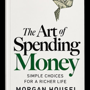 May include: A white hardcover book titled The Art of Spending Money by Morgan Housel. The cover features black and green text and an origami bird folded from a United States dollar bill. The subtitle reads Simple Choices for a Richer Life.