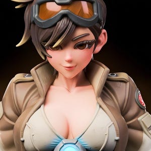 May include: A bust figurine of a character with short, spiky brown hair, wearing brown goggles with orange lenses, a tan jacket with a high collar, and a white top featuring a central circular blue glowing light emblem on the chest area.