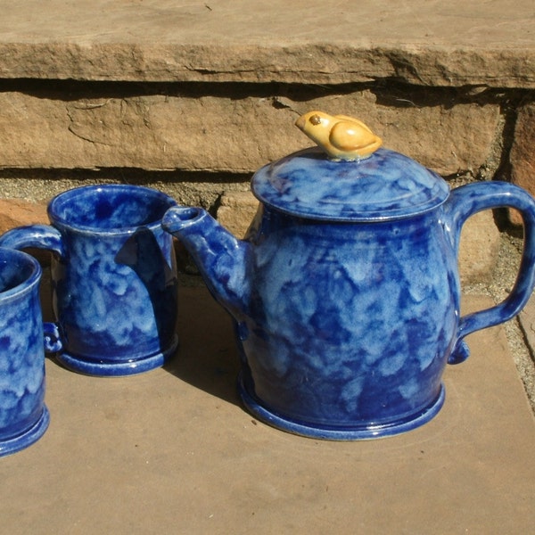 Handmade Cobalt Blue Tea Set with Golden Bird knob, Hand thrown Stoneware Pottery, ceramic tea pot and two tea cups, Pottery tea set