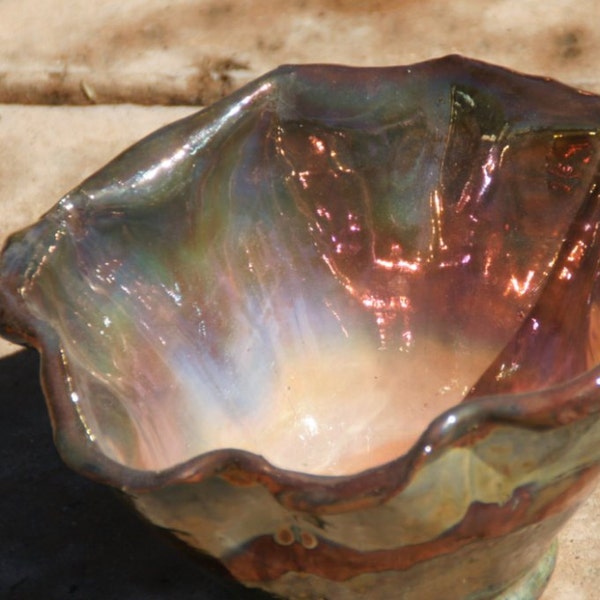 Altered Raku bowl with copper metallic glaze - hand-thrown pottery, stoneware, raku