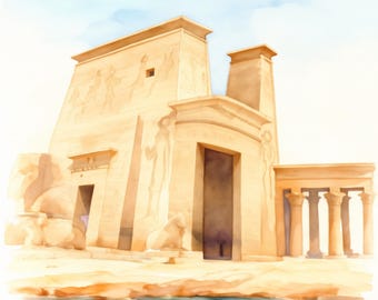 Pode incluir: Uma pintura em aquarela de uma antiga estrutura de templo egípcio com paredes de pedra bege, figuras esculpidas e uma entrada retangular escura. O templo apresenta uma colunata no lado direito e reflete-se na água azul abaixo.