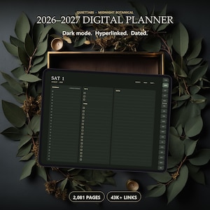 May include: A 2026-2027 digital planner with a dark mode interface, featuring a daily schedule, top 3 priorities, task list, and notes section. The screen displays Saturday, August 1st, 2026, with hyperlinked tabs for months and navigation.