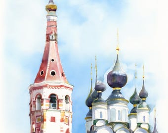 Pode incluir: Uma pintura em aguarela que retrata uma torre sineira alta, vermelha e branca, ao lado de uma igreja com várias cúpulas escuras em forma de cebola. As estruturas estão contra um céu azul claro, com pinceladas e aguadas visíveis.