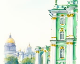 Pode incluir: Uma pintura em aquarela retratando um edifício verde brilhante com colunas brancas e detalhes dourados, apresentando estátuas no telhado. Ao fundo, uma paisagem urbana distante inclui edifícios com cúpulas douradas sob um céu claro.