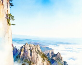 Pode incluir: Uma pintura em aguarela de picos montanhosos rochosos e claros que se elevam acima de uma densa camada de nuvens brancas. Pequenos pinheiros verdes agarram-se às falésias sob um céu azul brilhante e limpo.