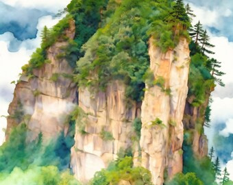 Pode incluir: Uma pintura em aguarela de um pico montanhoso escarpado e imponente com faces rochosas verticais em tons de bege e castanho, coberto por manchas de floresta verde vibrante e árvores perenes, contra um fundo de nuvens azuis e brancas.