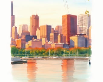 Pode incluir: Uma pintura em aquarela de um horizonte urbano ao pôr do sol, com edifícios altos em tons de laranja e dourado refletindo na água calma. Uma linha de veleiros está atracada ao longo da margem, com árvores verdes separando a cidade da água.